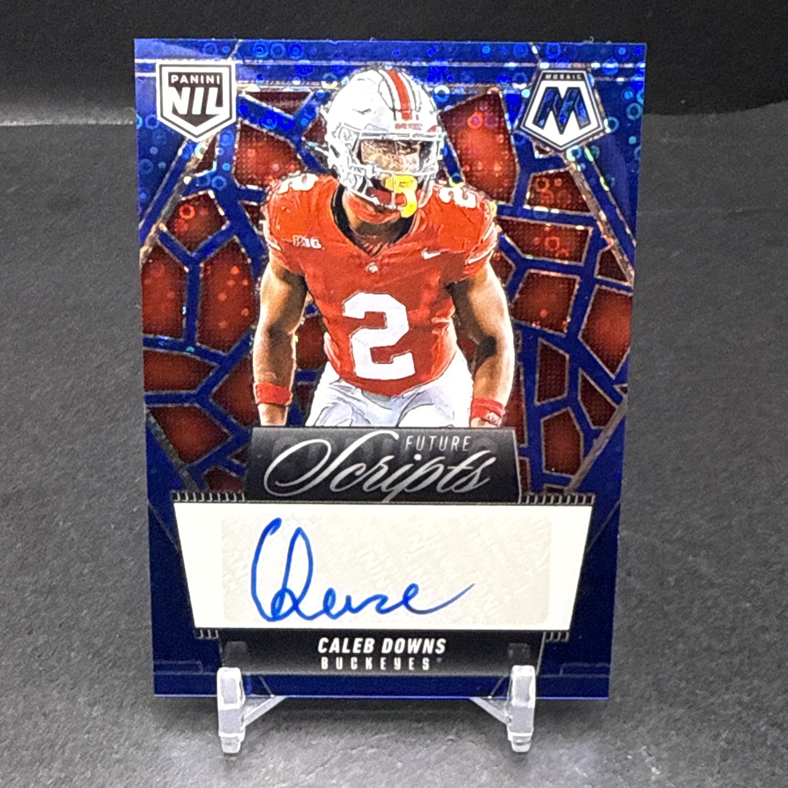 Caleb Downs 2025 Mosaic No Huddle Future Scripts AUTO Blue Disco Ohio State TF1