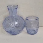 Vintage Blue Glass Tumble Up Floral Bedside Carafe Water Set