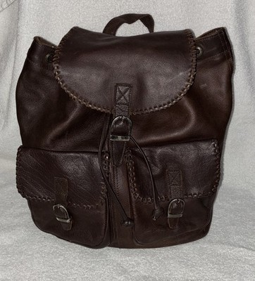 Reisenthel Heavy Brown Leather Backpack Whipstitch Trim Patterned Canvas Lining
