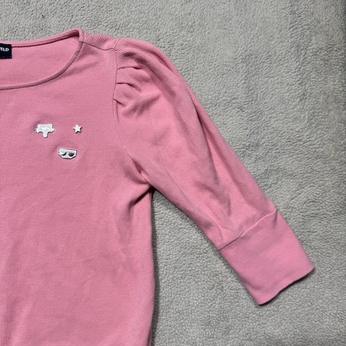 Karl Lagerfeld Top Womens Small Paris Pink Waffle Knit Puffy Sleeve Pin Accents - Picture 7 of 18