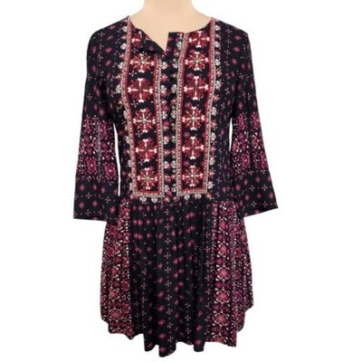 Vanessa Virginia Boho Embroidered Tunic Dress Navy Pink Small Peasant Beaded