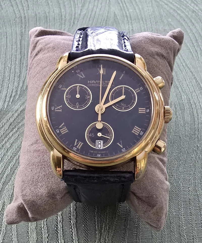 Reloj Hamilton Cronógrafo Hecho en Suiza Oro #8804 Correa de Cocodrilo con Liberación Rápida Foto 3 de 4