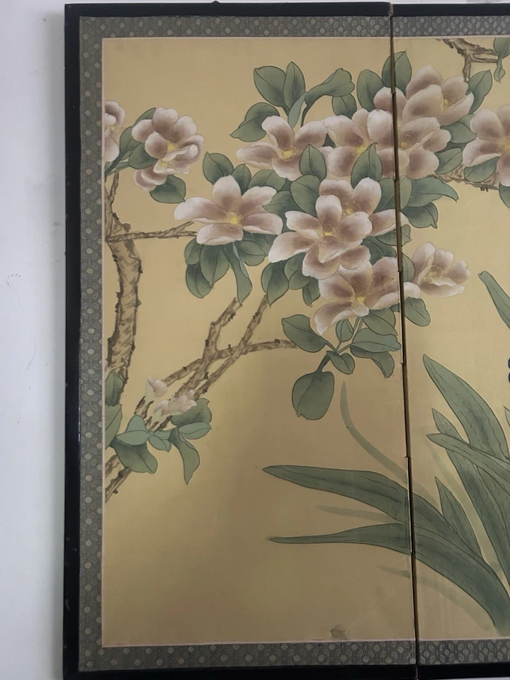 Vintage Asian Art 4 Panel Screen Hand Painted Silk 35 X 60 - Image 2 of 4