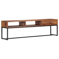 TV Cabinet Natural and Black Solid Acacia Wood, Powder-Coated Steel