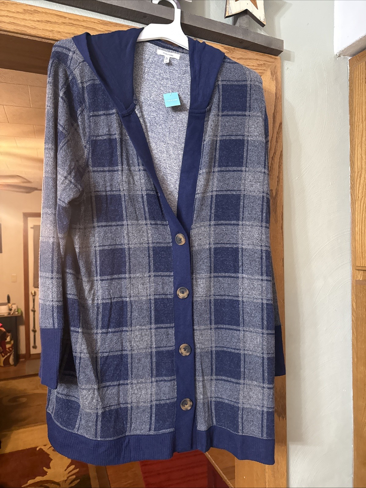 Maurices Hooded Cardigan Sweater Size XL Blue Gray Plaid Stretch Long Sleeve