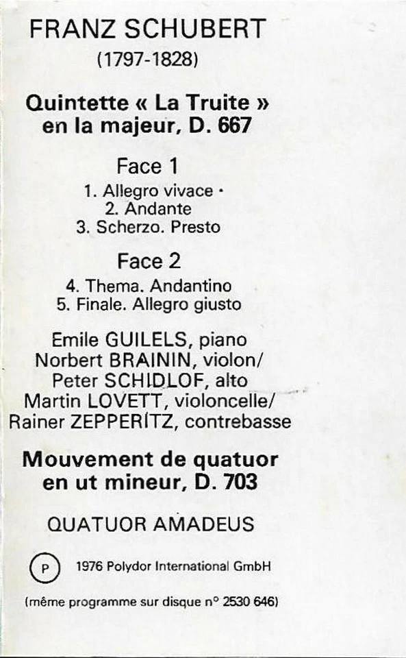 Schubert The Trout CASSETTE ALBUM Emil Gilels Amadeus Quartet DG - Image 3 of 4