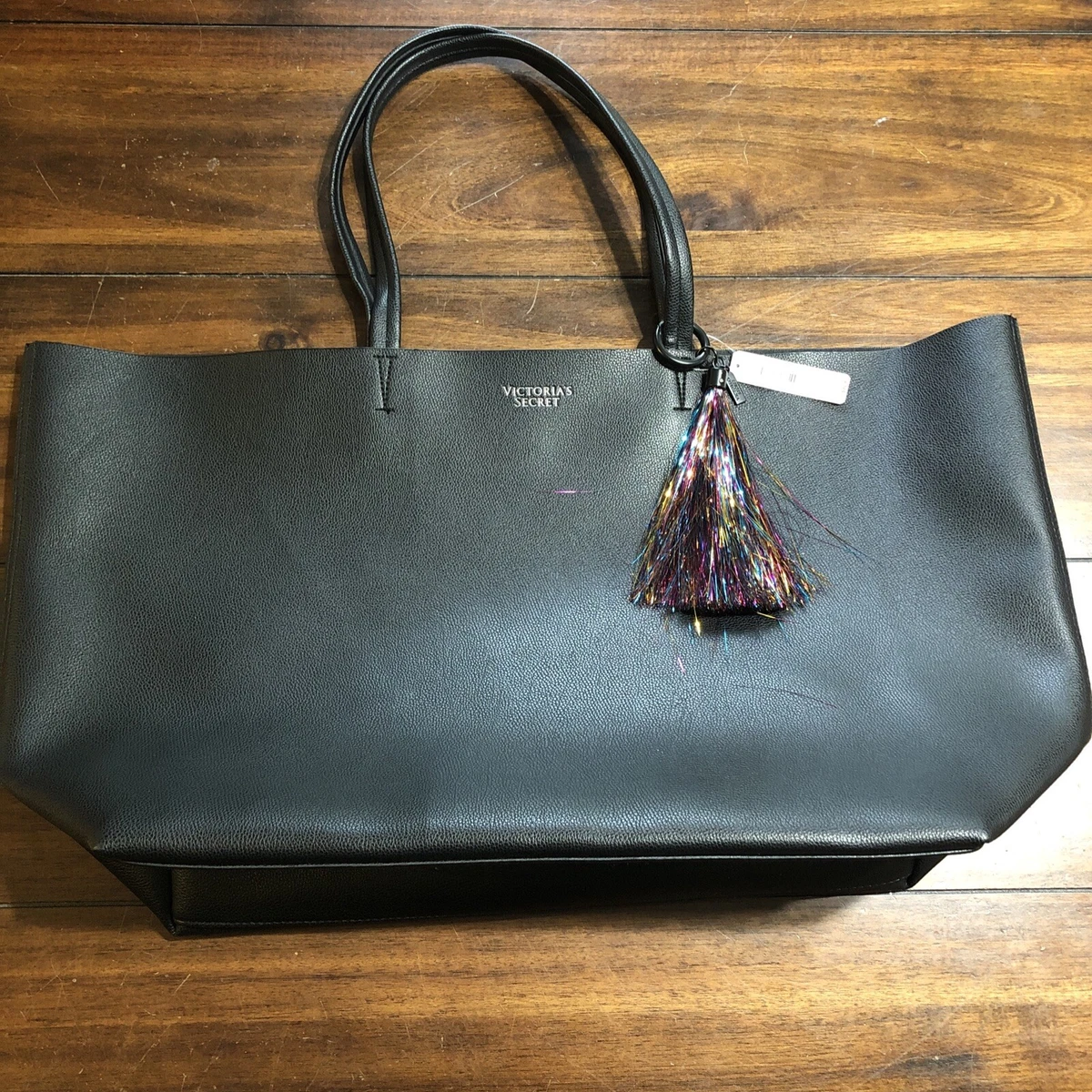 Victorias Secret Black Tote Bag Faux Leather Rainbow Tassel 22x13 NWT MSRP  $99