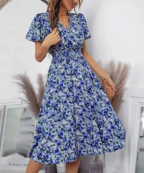 Supreme Fashion Purple & Blue Floral Surplice Smocked Butterfly Sleeve Dress XL