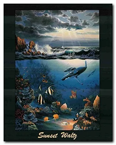 Ocean Sunset Underwater Turtle, Fish, Coral Wall Decor Art Print