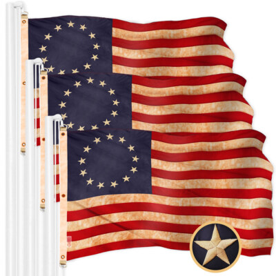 3 Pack: Betsy Ross Tea-Stained Flag 5x8 Ft Embroidered 420D Polyester