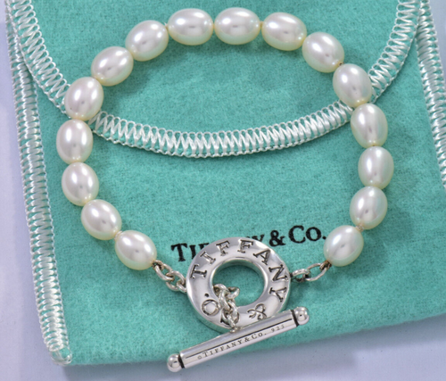 7.5" Tiffany & Co Sterling Silver 8mm Pearl Bead Toggle Charm Bracelet Box Pouch