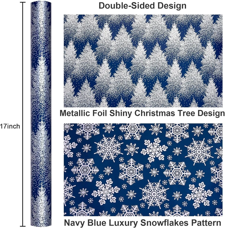 Rollo de papel de envolver azul de Navidad, papel de envolver árboles, lujo azul marino brillante Foto 4 de 4