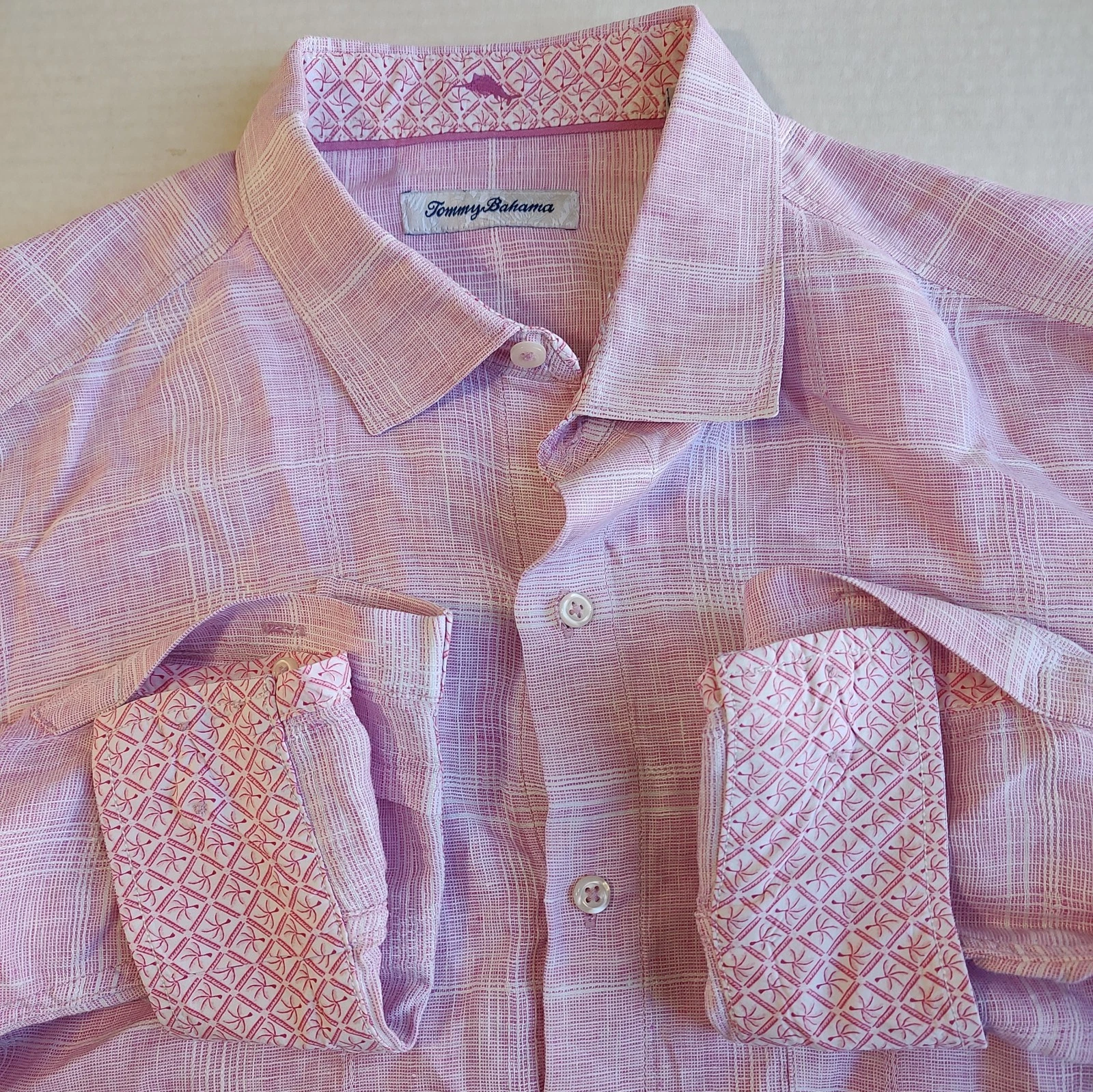 Tommy Bahama Linen Shirt Mens Large Red Plaid Button Up Long Sleeve Flip Cuff