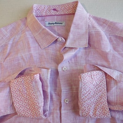 Tommy Bahama Linen Shirt Mens Large Red Plaid Button Up Long Sleeve Flip Cuff 