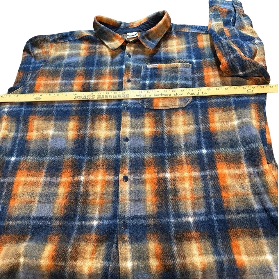 Columbia Plaid Fleece Button Up Shirt Jacket Men's 4X Blue Orange Long Sleeve - Image 2 of 4