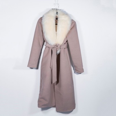 Majorelle Milford Wool Blend Faux Fur Trim Belted Pea Coat Jacket Tan Almond XXS