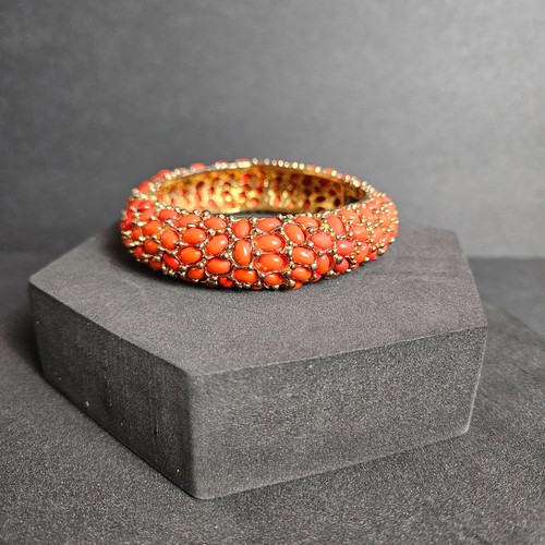 Kenneth Jay Lane (Style) Possible Coral Red Orange Cabochon Hinged Heavy Bangle