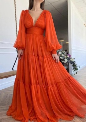 Long Sleeve Tulle Prom Ball Gown Orange prom Dress V Neck Formal Size 2 - WOW -