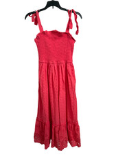 Jessica Simpson Smocked Eyelet Midi Dress Small Coral Pink Tie Strap Boho Modest