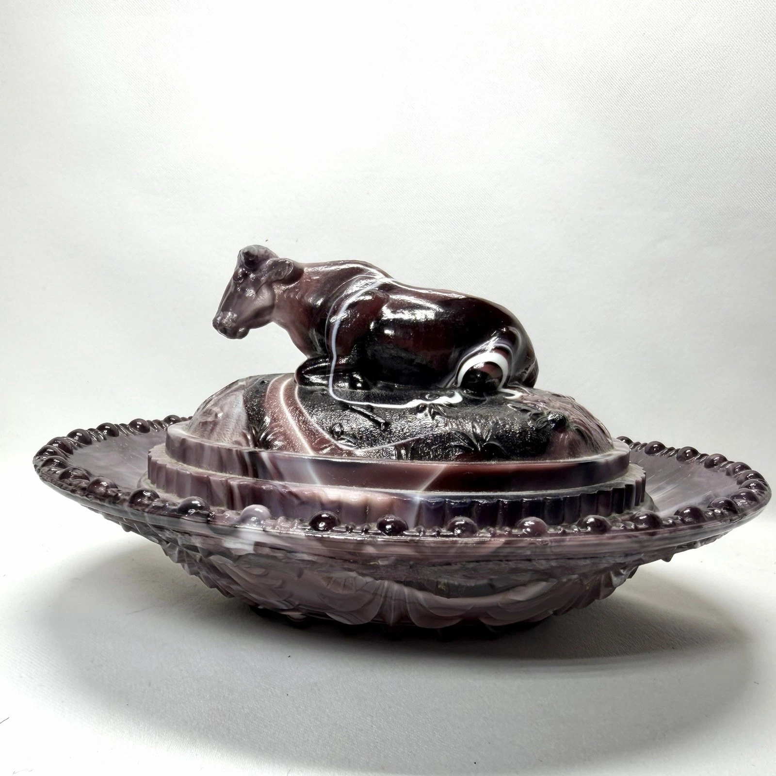 Rare 1876-85 Antique Greener Cow On Nest Flower Butter Dish Purple Slag Glass