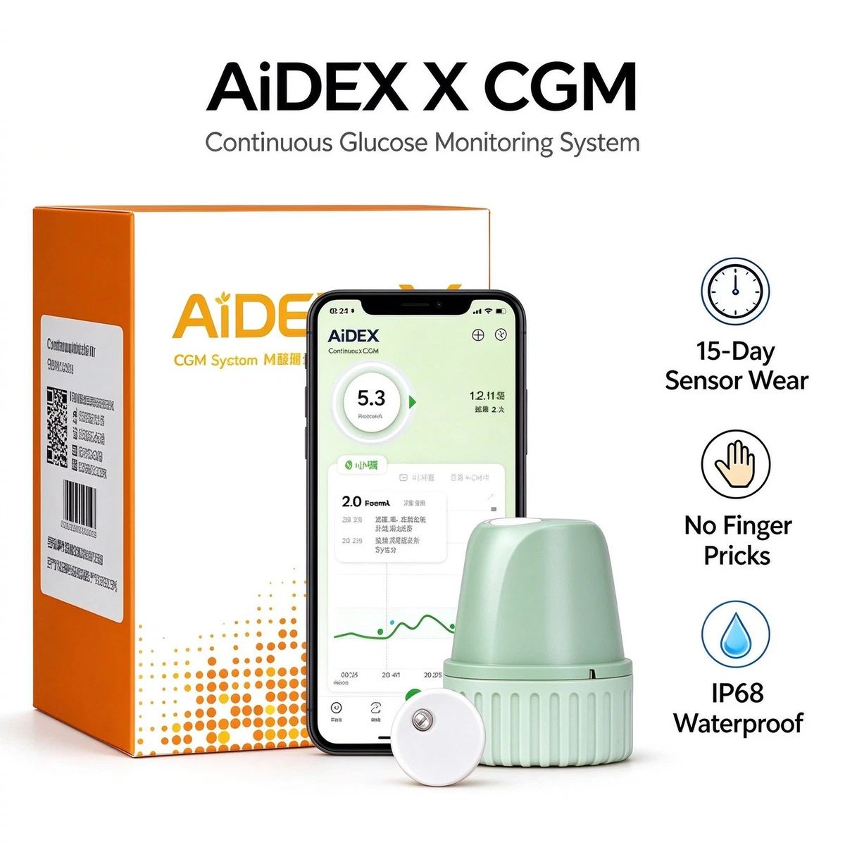 Monitor de glucosa CGM AiDEX Gen 2 sensor de 15 días sin pinchazo en el dedo aplicación en tiempo real