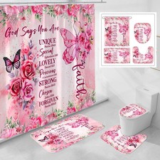 4 Pcs Pink Butterfly Inspirational Quotes Shower Curtain Set with Rugs and To...