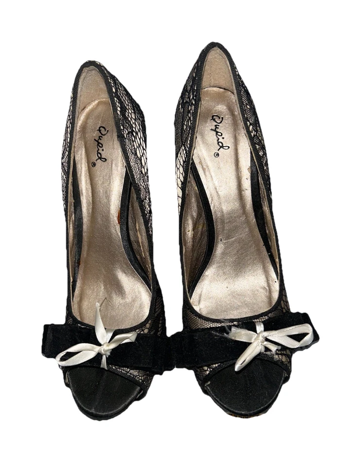 Tacones de plataforma de encaje negro Qupid talla 8 con lazo blanco roto Foto 3 de 4