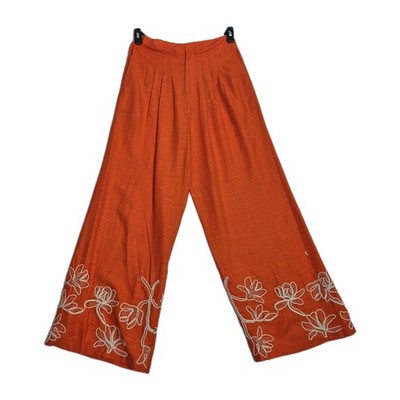 Alex Marie Pants Womens Size 4 Orange Embroidered  Wide Leg Linen Blend NWT 64