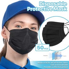 [Black] 50 Pcs Disposable Face Masks 3-Ply Non Medical Surgical Earloop Cover