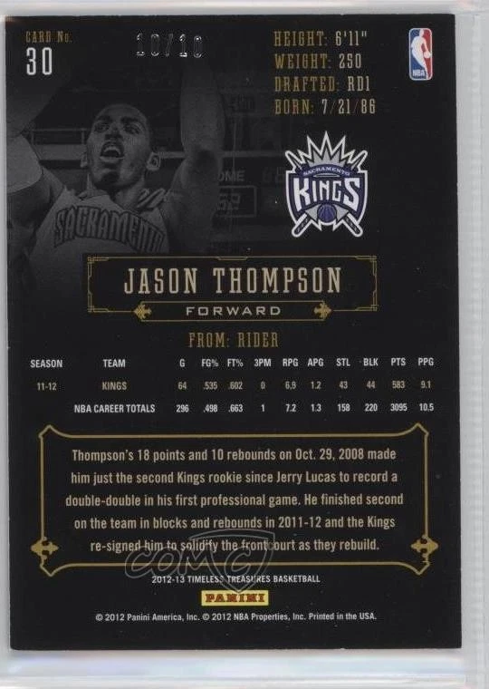 2012-13 Panini Timeless Treasures Gold /10 Jason Thompson #30 - Image 2 of 2