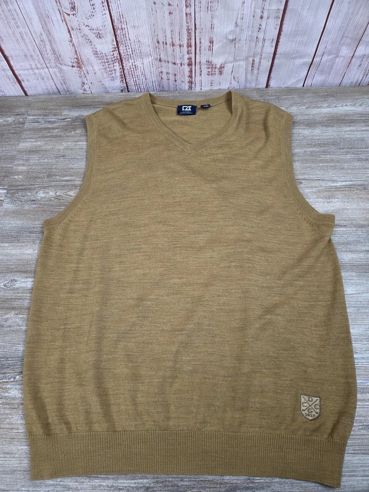 Cutter & Buck Sweater Mens XL Tan Merino Wool Blend V Neck Vest Golf Pullover - Image 4 of 4