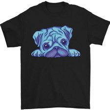 Camiseta De Hombre Unbranded Azul Con Pug Acuarela 100% Algodón