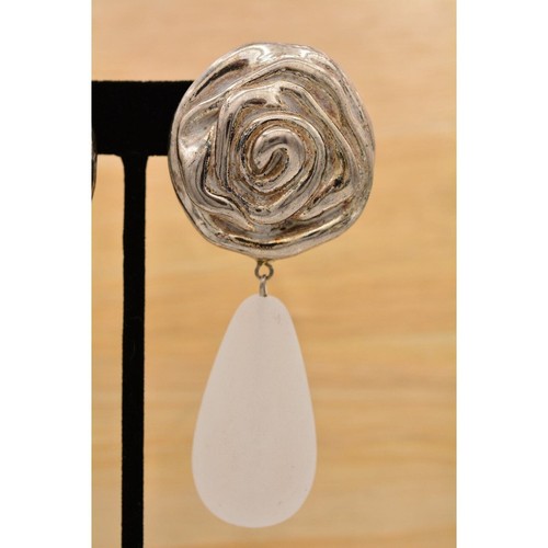 Vintage Clip On Dangle Earrings Frosted Glass Rose Antiqued Chunky NOS 1980s A20 - Picture 7 of 12