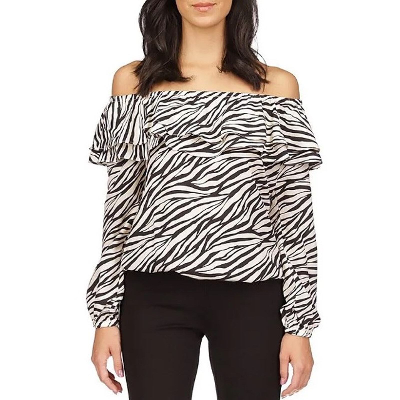 MICHAEL KORS Zebra Print Off-the-Shoulder 3/4 Sleeve Ruffle Crepe Top NWT M
