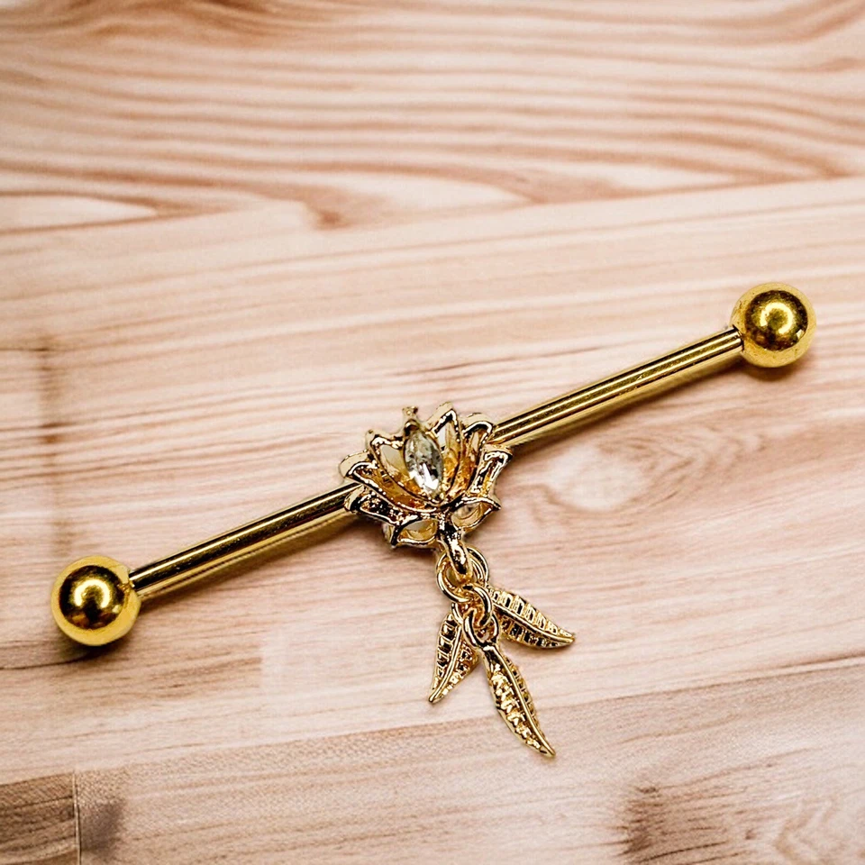 14g white cz gold silver IP lotus blossom dangle feather Industrial Bar H - Image 4 of 4