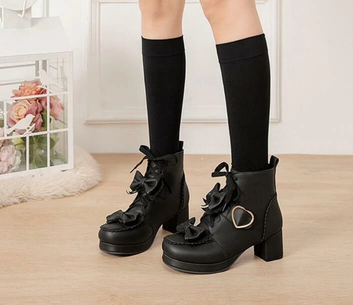 Autumn Lolita Boots Female Japanese Bow Brown Cute Student Boots Warm Buckle Sz