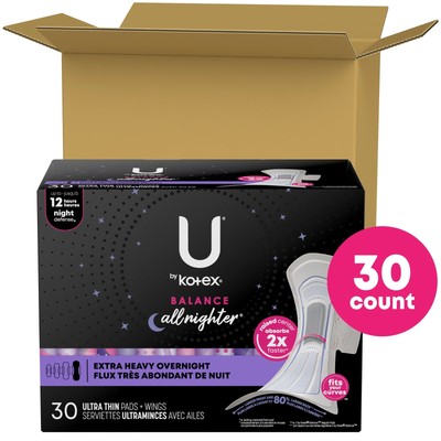 U by Kotex Ultra Thin Overnight Pads with Wings, Extra Heavy Absorbency 30 Count