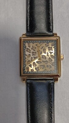 Women's Watch, Gold Tone Abstract Art Dial, Black Leather Band.