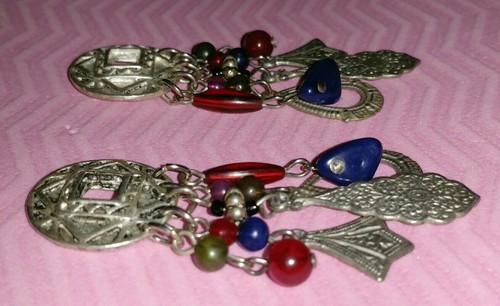 ~Ruby Red & Blue Stones Glass Dangle Pierced Earrings~Silver tone~Vtg~ Amazing~ - Picture 5 of 6