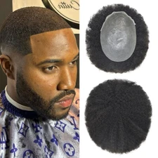 Afro Toupee For Black Men Thin Skin Pu African American Hair System Replacement