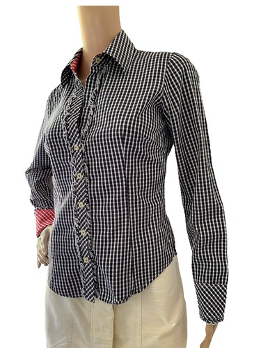 Lilly Pulitzer Blue White Gingham Plaid Button Up Red Contrast Cuff Ruffle SZ 0 - Picture 5 of 12
