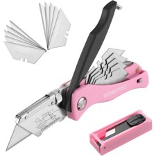 Cuchillo utilitario plegable WORKPRO cambio rápido cortador de caja cuchillo de afeitar rosa 15 hojas