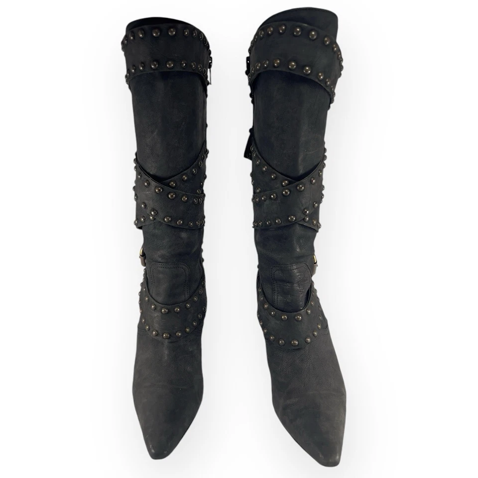 Manolo Blahnik YKK Correa Media Pantorrilla Cuero Tachonado Botas Negras Tacones de aguja - 38 Foto 4 de 4