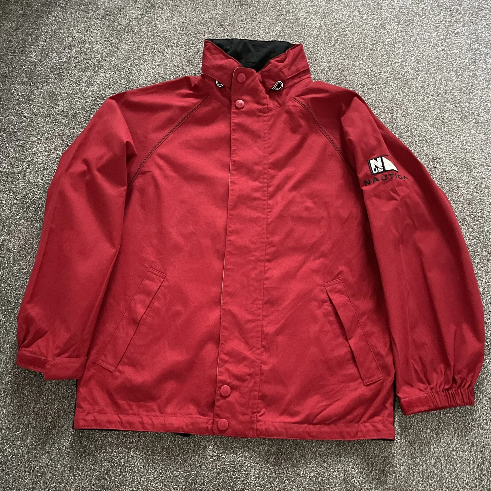 Nautica Size L Red Windbreaker Jacket With Fold Away Hood