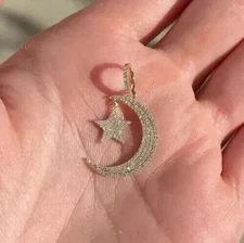 Round Cut Simulated Diamond Crescent Moon Pendant Chain 14k Yellow Gold Plated