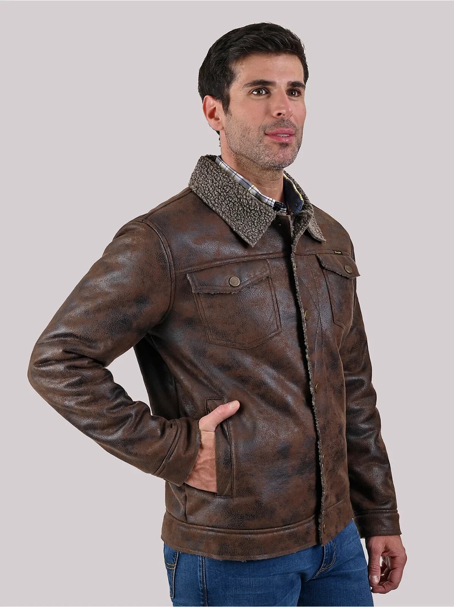 NWT Wrangler Men's Faux Leather Vintage Crackle Shearling Jacket