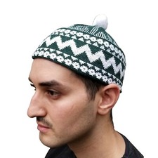Dark Green Cotton-blend Warm Zigzag Beanie MUSLIM Topi Winter Kufi Hat Ball-top