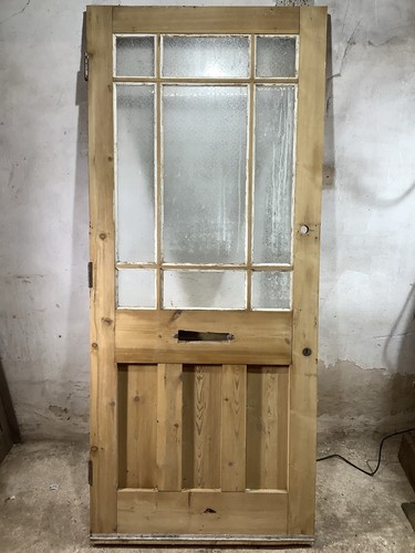 35 7/8"X 83 3/8" 1930s Exterior Glazed Stripped Pine Front Door Old Vestibule - Picture 7 of 12