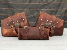 Real Brown Goat Leather COMBO Motorcycle Saddle Bag Panniers Tool Pouch Side Bag