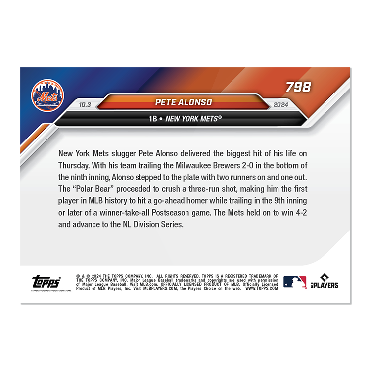 Pete Alonso Game Winning 3 Run HR Wildcard 2024 MLB Topps NOW Card